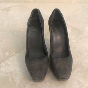 Gucci grey suede platform pumps.